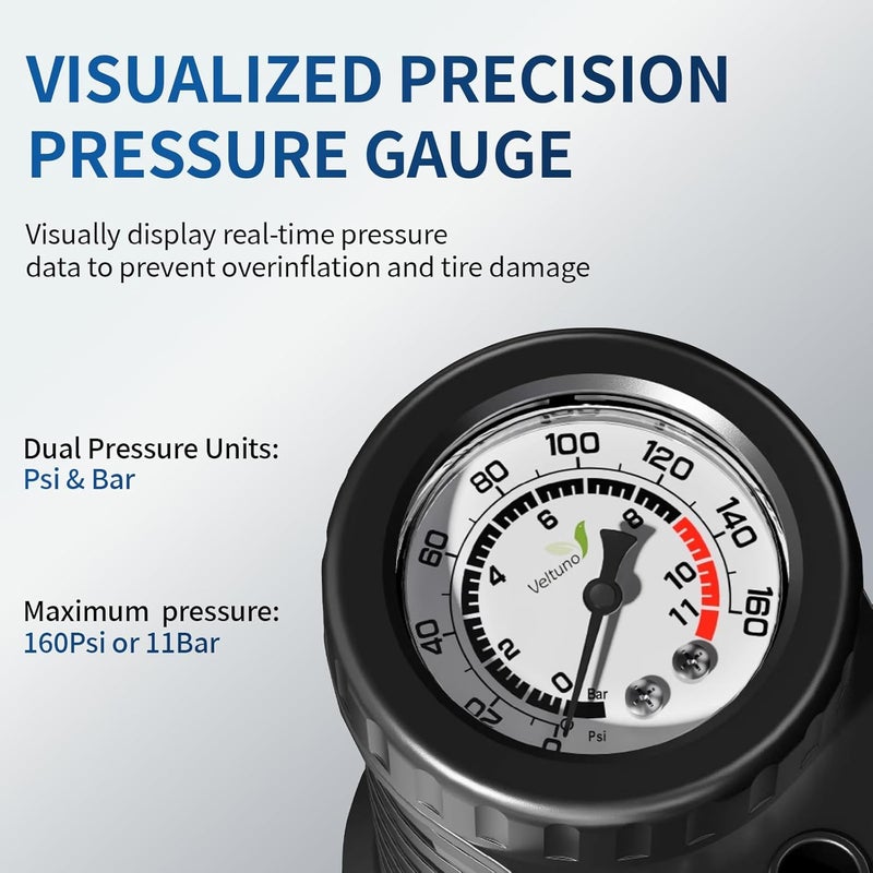 Veltuno Bike Pump with Transparent Cylinder & Precision Gauge, 160 PSI Bicycle Tire Pump for Presta & Schrader Valves - Fast, Effortless Bike Floor Pump for Car, Bike, E-Bike, Ball, Balloon - Image 5